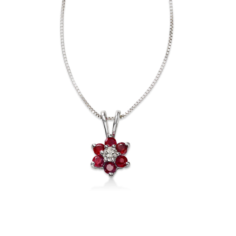 Ruby and Diamond Flower Pendant, 14K White Gold
