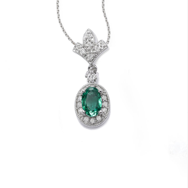Oval Emerald and Diamond Drop Pendant, 14K White Gold