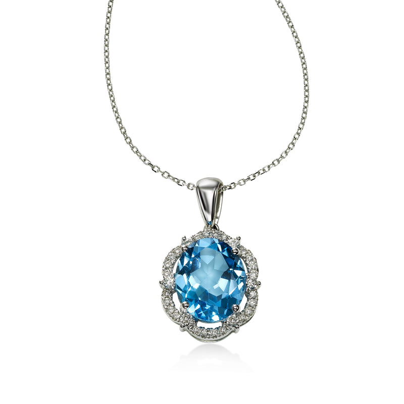 Oval Blue Topaz with Scalloped Diamond Halo Pendant, 14K White Gold