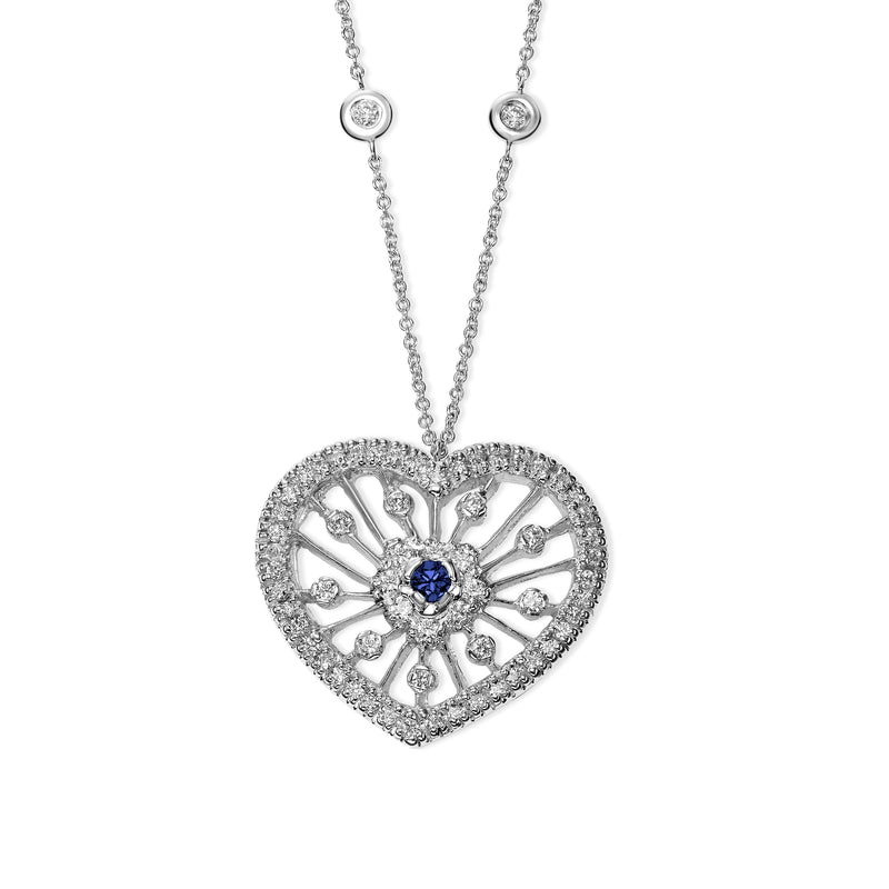 Filigree Diamond and Sapphire Heart Pendant, 14K White Gold