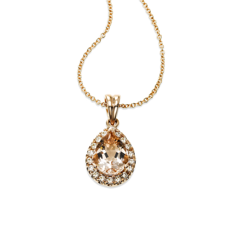 Pear Shape Morganite and Diamond Halo Pendant,14K Rose Gold