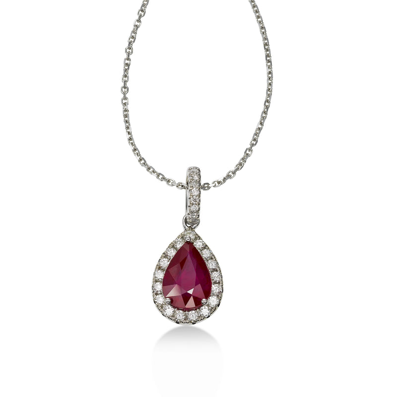 Pear Shaped Ruby and Diamond Pendant, 14K White Gold