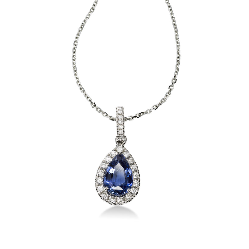 Pear Shaped Sapphire and Diamond Pendant, 14K White Gold