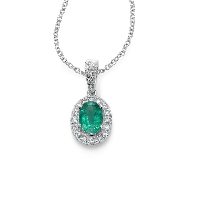 Oval Emerald Pendant with Diamonds, 14K White Gold