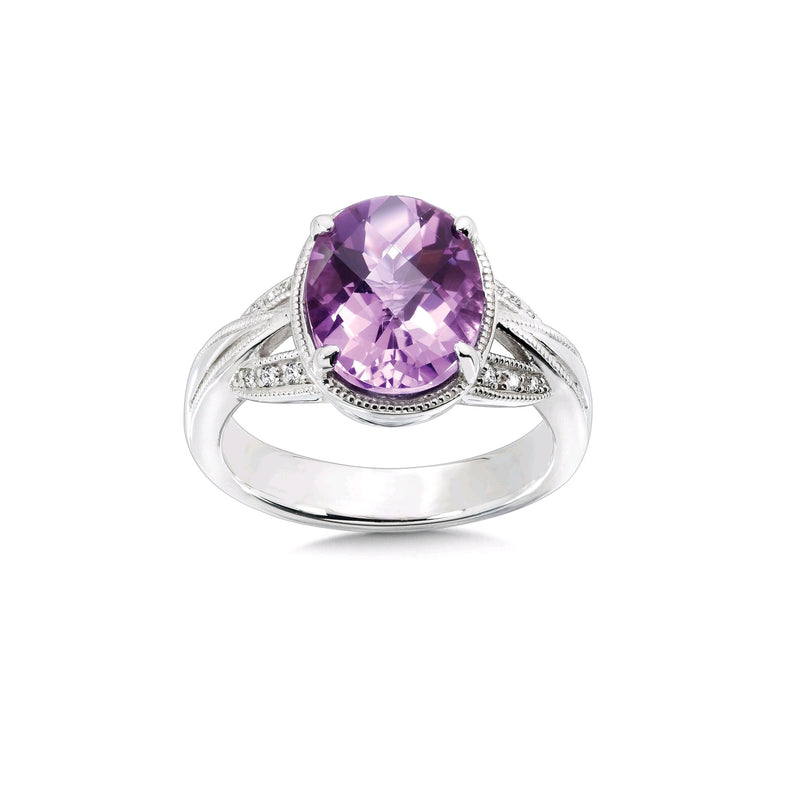 Faceted Oval Amethyst Ring with Diamond Accent, Sterling Silver