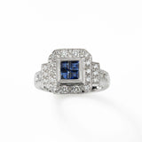 Vintage Style Sapphire and Diamond Ring, 18K White Gold