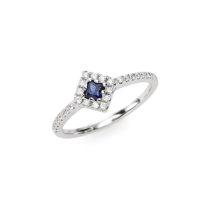 Square Shaped Sapphire and Diamond Ring, 14K White Gold