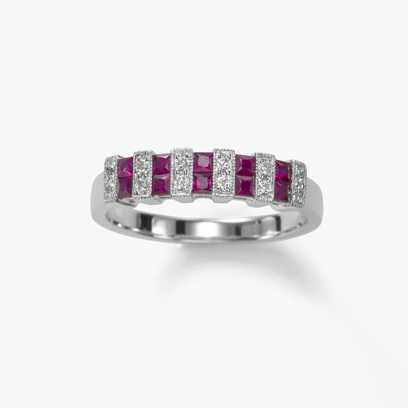 Square Rubies With Diamonds, 18K White Gold Ring