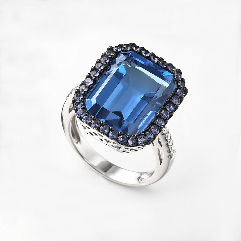 Large Blue Topaz, Diamond and Sapphire Ring, 14K White Gold