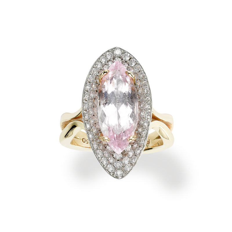 Marquise Shaped Morganite and Diamond Ring, Platinum and 18K Yellow Gold