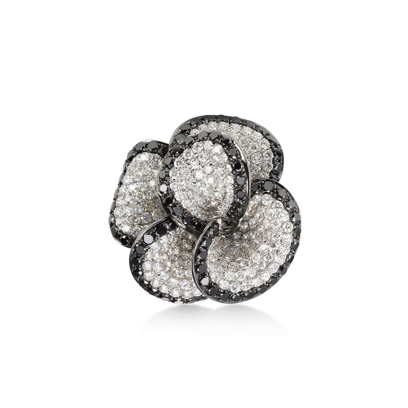 White and Black Diamond Flower Ring, 18K White Gold
