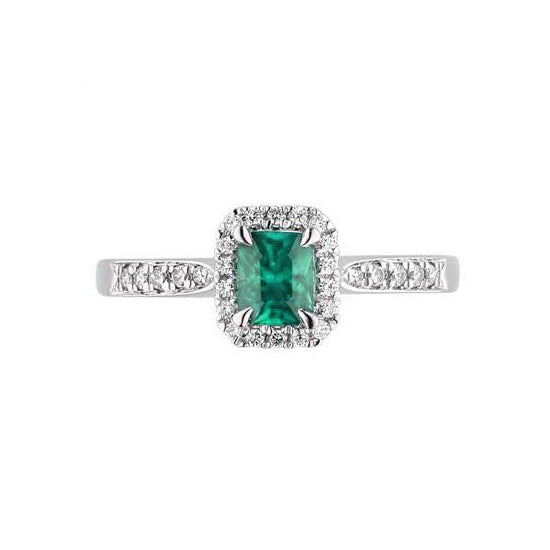 Rectangular Emerald Ring with Halo, 14K White Gold