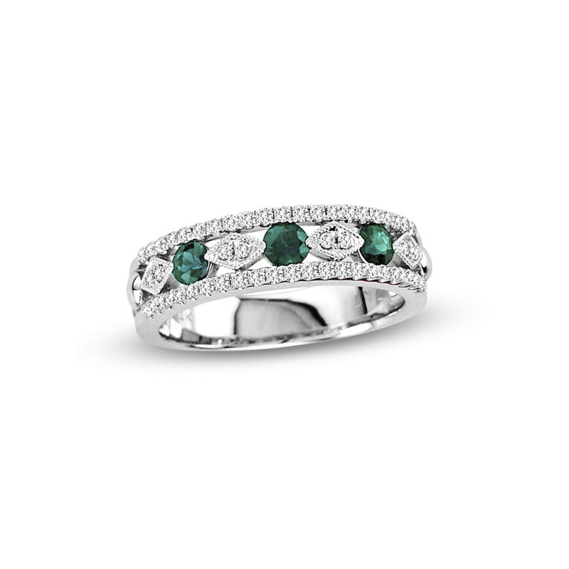 Vintage Look Emerald and Diamond Ring, 14K White Gold