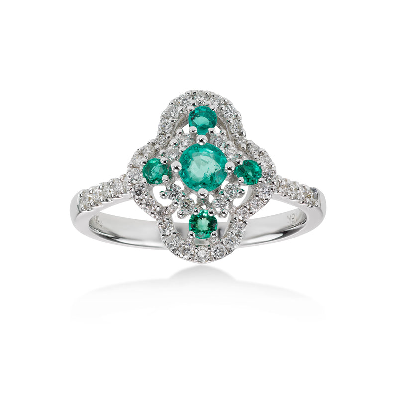 Vintage Style Emerald and Diamond Ring, 18K White Gold