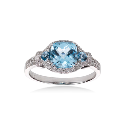Cushion Blue Topaz and Diamond Ring, 14K White Gold