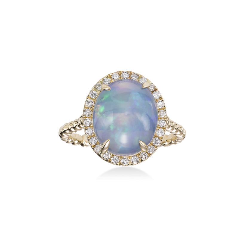 Oval Opal and Diamond Halo Ring, 14K Yellow Gold