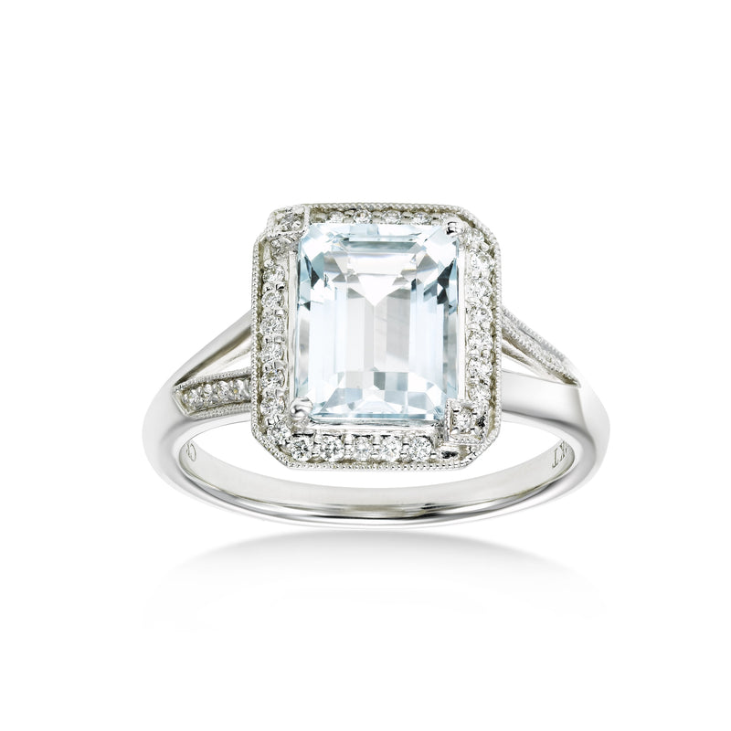 Emerald Cut Aquamarine and Diamond Ring, 14K White Gold