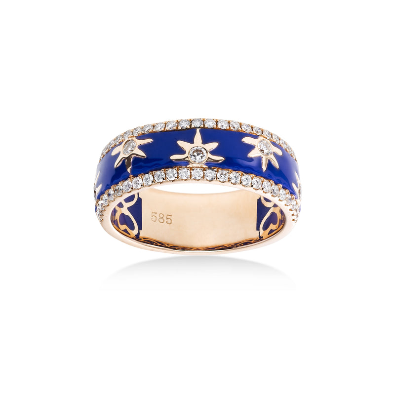Wide Diamond and Blue Enamel Band, 14K Rose Gold
