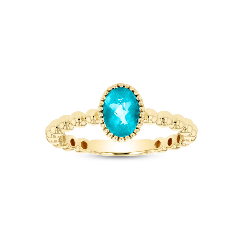 Bead Design Oval Blue Topaz Ring, 14K Yellow Gold
