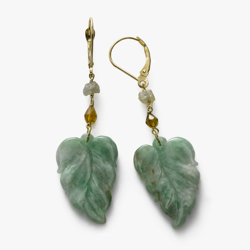 Jade Leaves Earrings, Tourmaline, 14K Yellow Gold