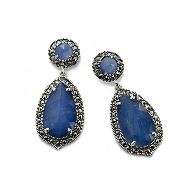 Swarovski Marcasite Earrings with Blue Sapphire Slices, Sterling Silver