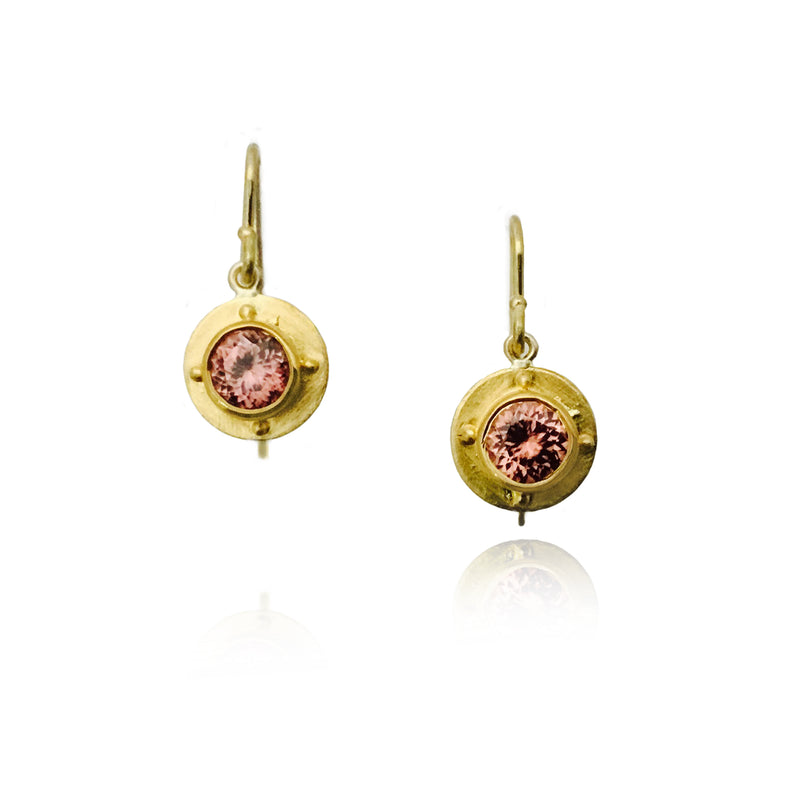Bezel Set Pink Zircon Drop Earrings, 22K Yellow Gold