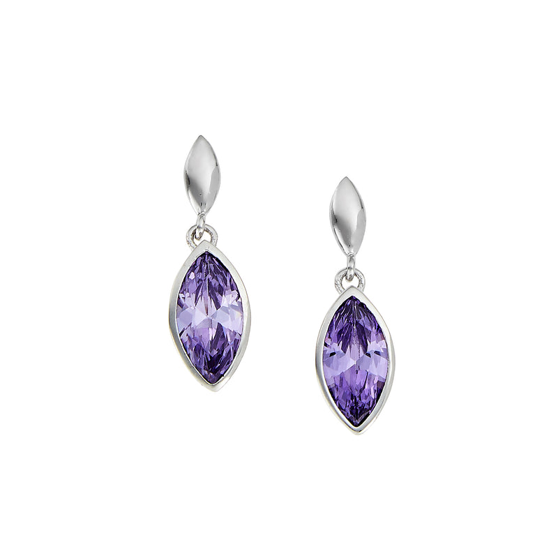 Marquise Shape Purple CZ Dangle Earrings, Sterling Silver