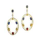Multi Color Sapphire Oval Dangle Earrings, 18K Yellow Gold