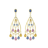 Multi Color Genuine Sapphire Chandelier Earrings, 18K Yellow Gold