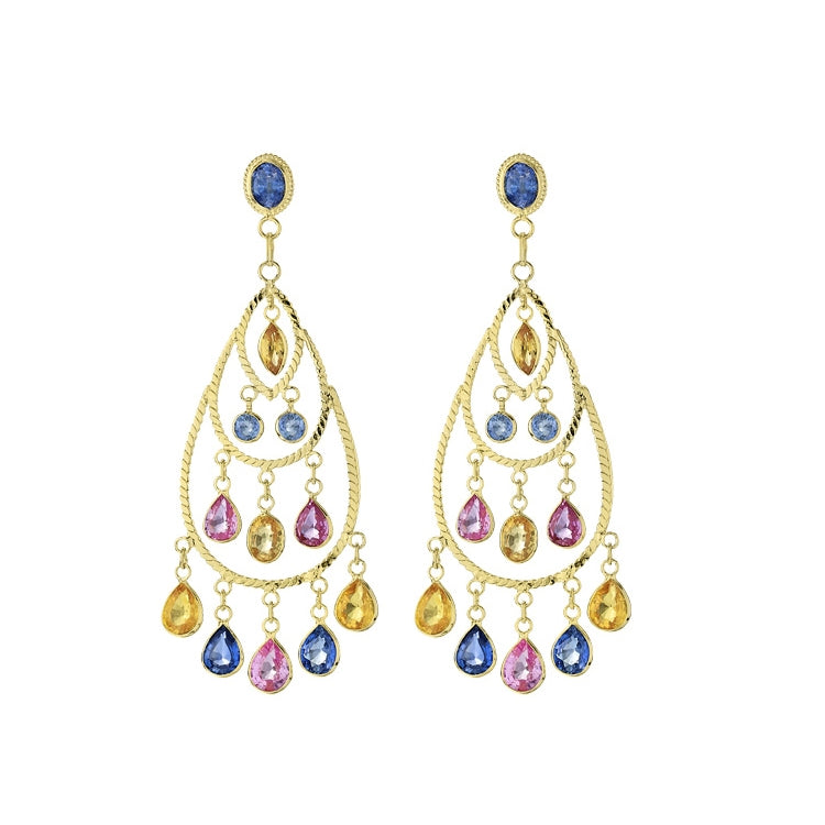 Multi Color Genuine Sapphire Chandelier Earrings, 18K Yellow Gold
