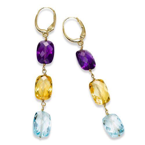 Faceted Multi Gemstone Dangle Earrings, 14K Yellow Gold