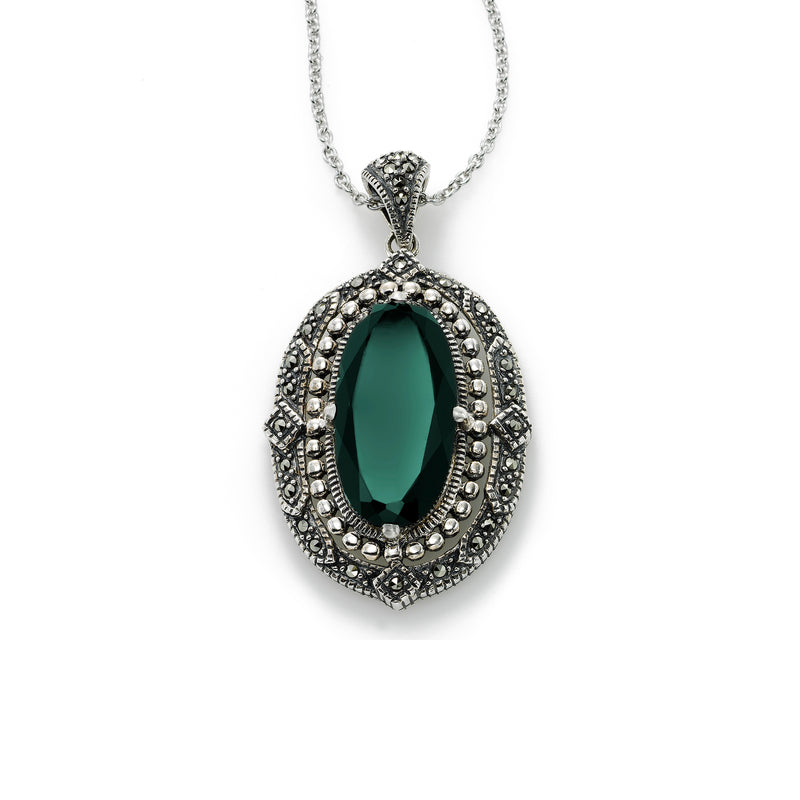 Swarovski Marcasite Pendant with Green Agate, Sterling Silver