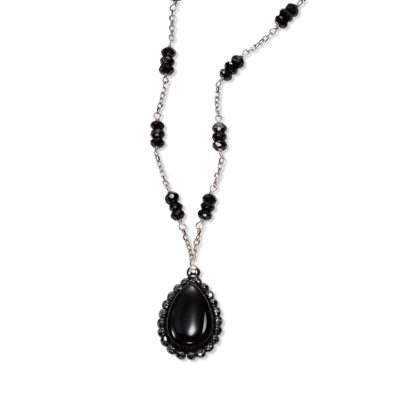 Black Onyx and Hematite Drop Necklace, 14K White Gold
