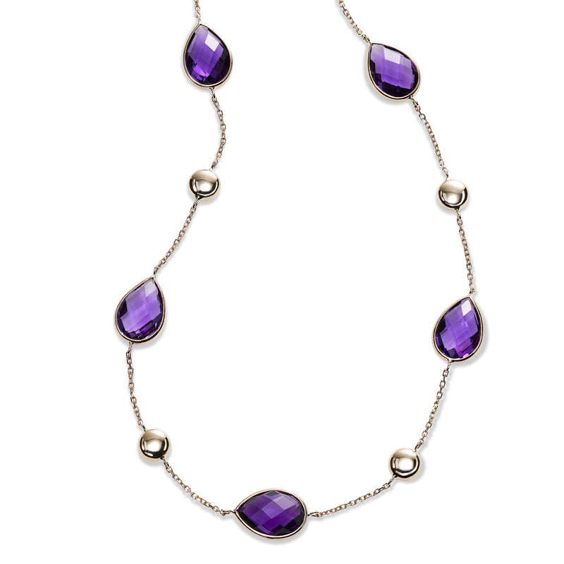 Pear Shaped Amethyst and Bead Station Necklace, 14K Rose Gold