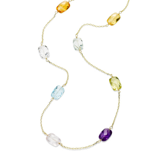 Faceted Multi Stone Station Necklace, 36 Inches, 14K Yellow Gold