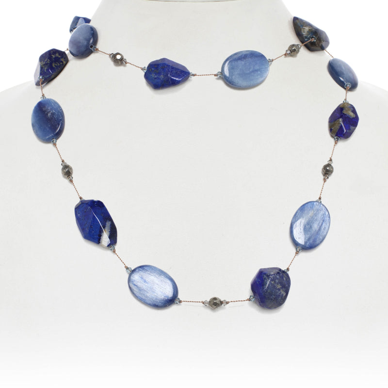 Blue Tone Multi Gemstone Necklace, 35 Inches, Sterling Silver