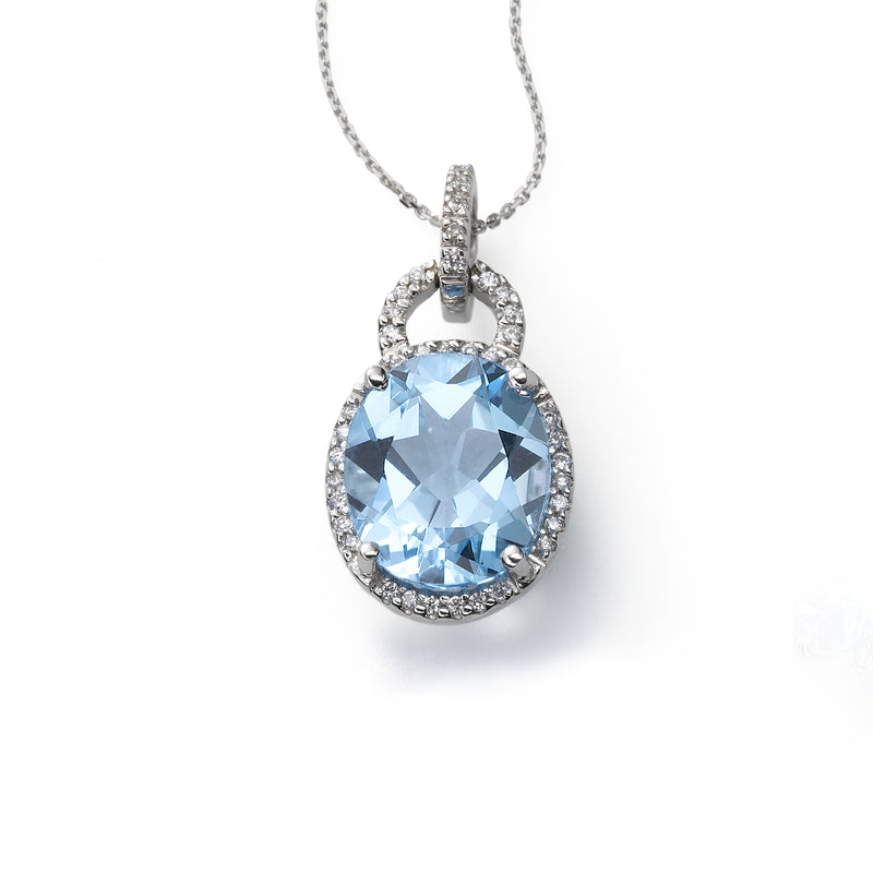 Oval Blue Topaz and Diamond Pendant, 14K White Gold