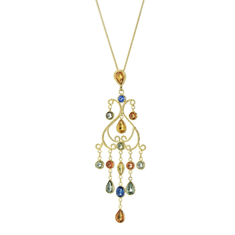 Multi Color Sapphire Chandelier Pendant, 18K Yellow Gold