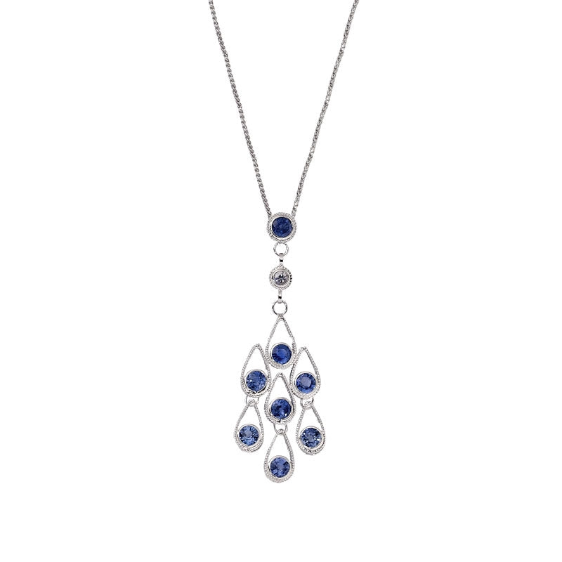 Genuine Blue Sapphire Drop Pendant, 18K White Gold