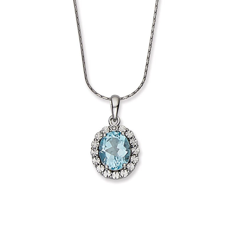 Oval Blue Topaz and Diamond Halo Pendant, Sterling Silver