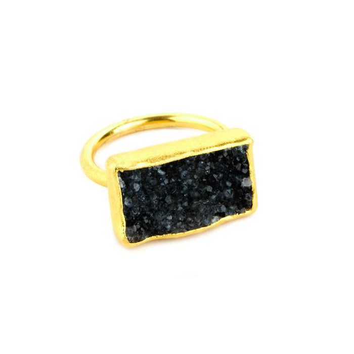 Rectangular Black Druzy Ring, 22K Gold Plate
