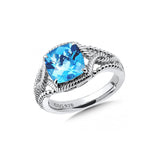 Cushion Cut Faceted Blue Topaz Ring, Sterling Silver