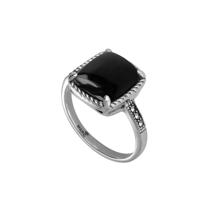 Cushion Shape Black Onyx and Marcasite Ring, Sterling Silver
