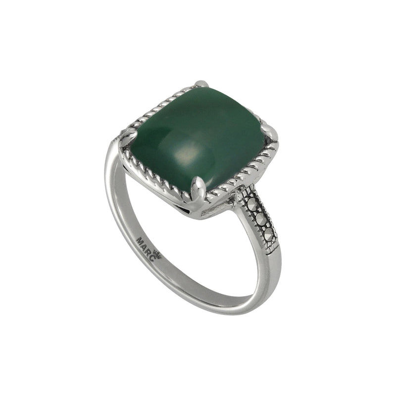 Cushion Shape Green Agate and Marcasite Ring, Sterling Silver