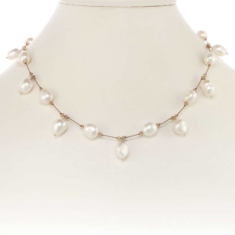 Dangle Freshwater Pearl and Swarovski Crystal Necklace, Sterling Silver, by Margo Morrison