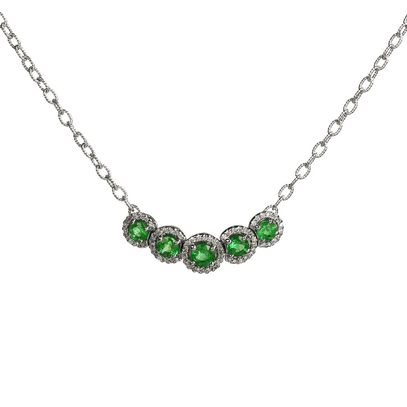 Emerald and Diamond Halo Necklace, 14K White Gold