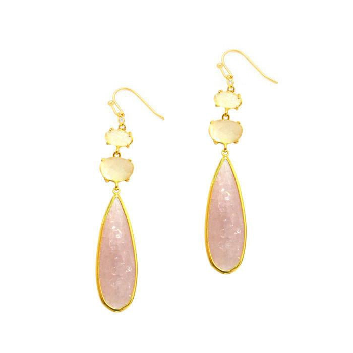 Pink and White Glass Drop Earrings, Gold Tone, by Tai Design