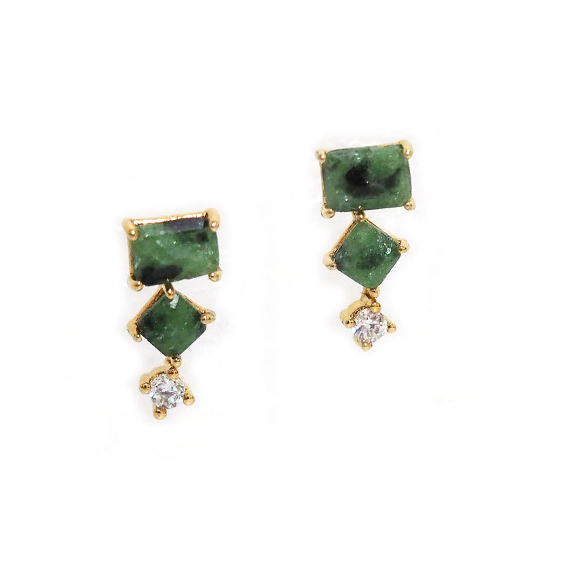 Green Glass and CZ Three Stone Earrings, Gold Tone, by Tai Design