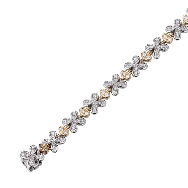 Two Tone Floral Motif Diamond Bracelet, 14 Karat Gold