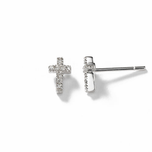 Small Diamond Cross Earrings, 14K White Gold